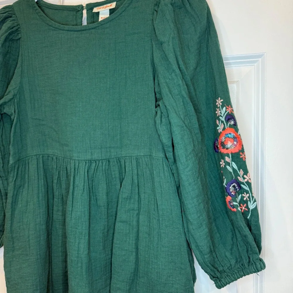 Cat & Jack Girls Green Floral Embroidered Long Sleeve Dress Size M 7/8 - Picture 2 of 7